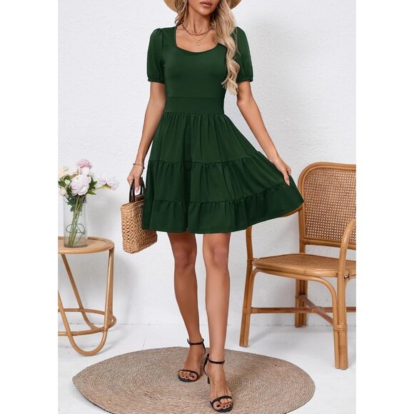 Women's Summer Dress Square Neck Formal Short Sleeve Business A-Line Midi Dress - Picture 5 of 5